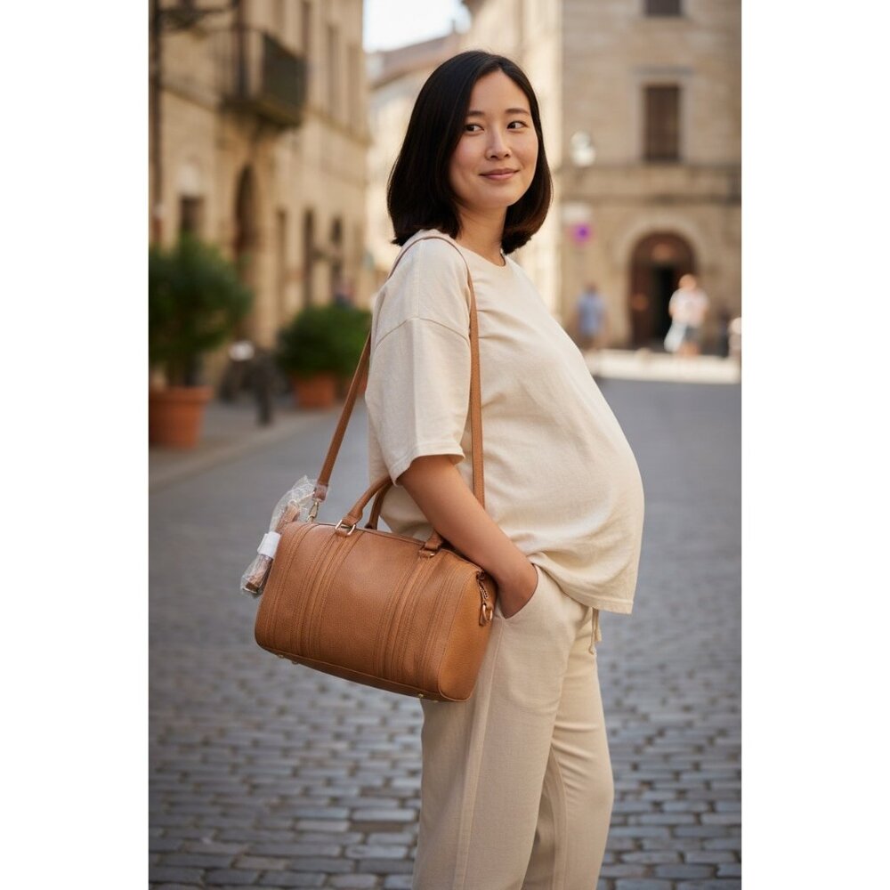 Moda Luxe Cognac Bowler Satchel Crossbody Bag Gold Hardware